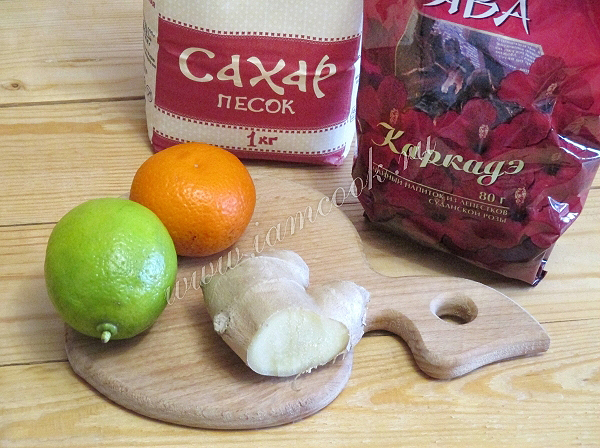 Ingredienti per il tè karkade con lo zenzero
