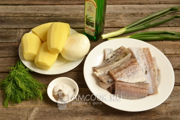 Ingredientes para filetes de abadejo con patatas en el horno