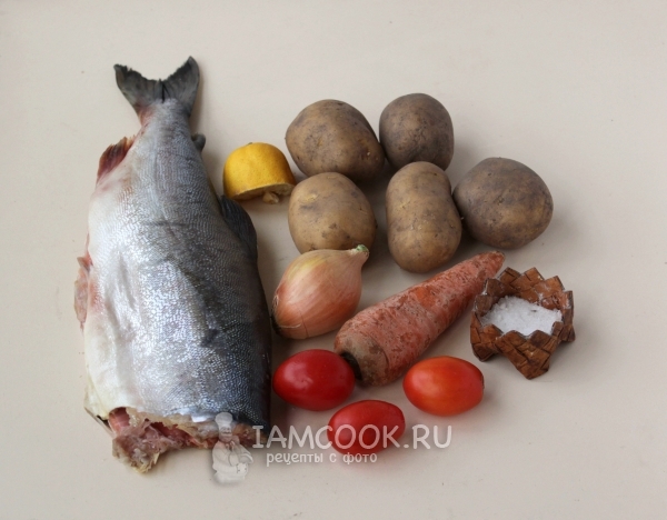 Ingredientes para salmón rosado con patatas en mayonesa en el horno