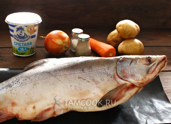 Ingredientes para la preparación de salmón rosado en una olla en el horno