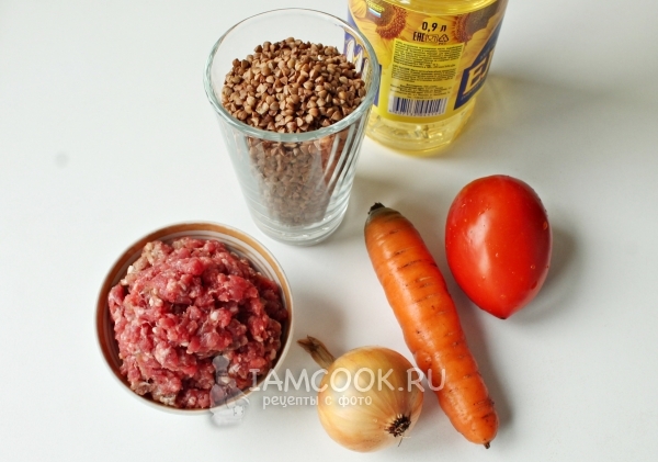 Ingredients for buckwheat in a merchant manner with minced meat in a multivark