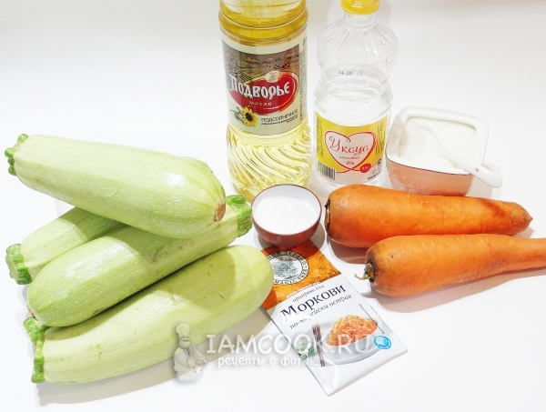 Bahan untuk zucchini dengan wortel di Korea untuk musim dingin
