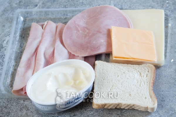 Ingredients for tasty canape with ham and cheese