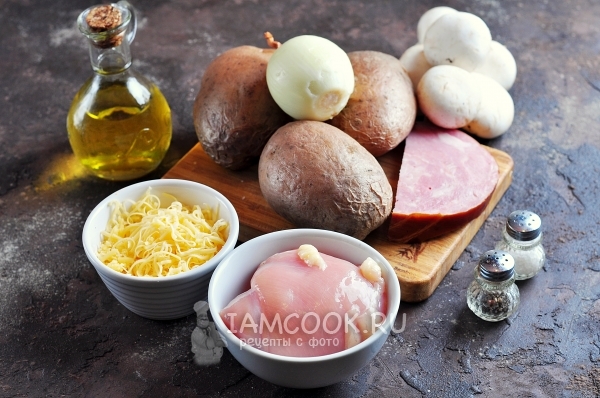 Ingredientes para cocinar papas rellenas de pollo y champiñones