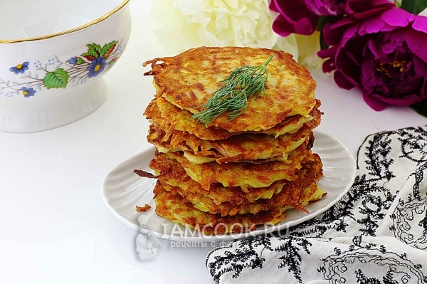 Photo of potato pancakes with sausage and cheese