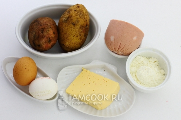 Ingredients for potato pancakes with sausage and cheese