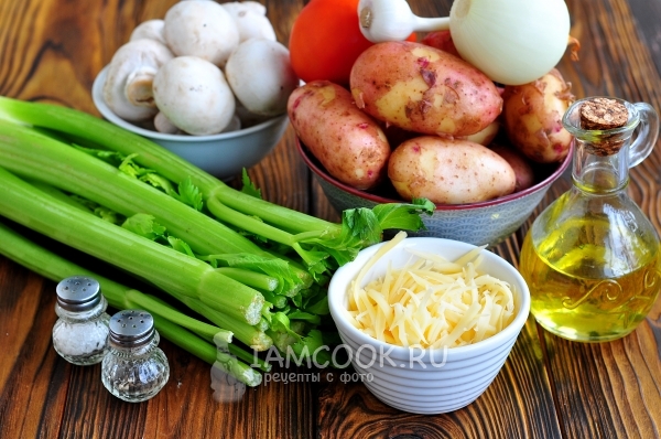 Ingredients for potatoes with mushrooms and cheese in the oven