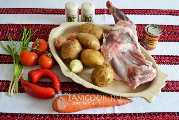 Ingredients for potatoes with meat in cauldron