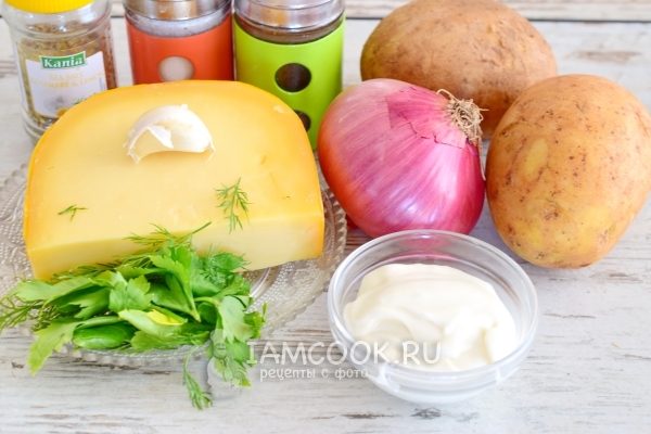 Zutaten für Kartoffeln mit Käse und Mayonnaise im Ofen