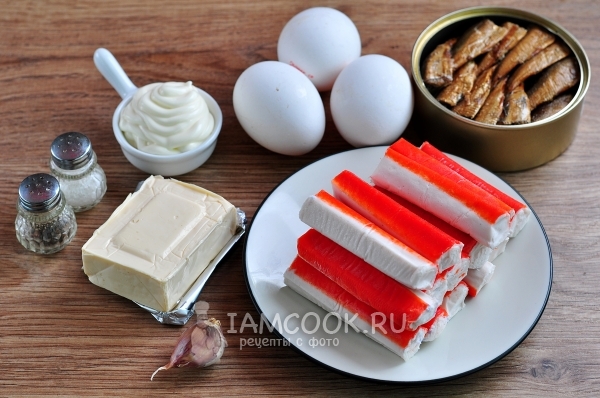 Ingredients for crab sticks stuffed with cheese and sprats