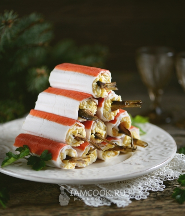 Recipe for crab sticks stuffed with cheese and sprats