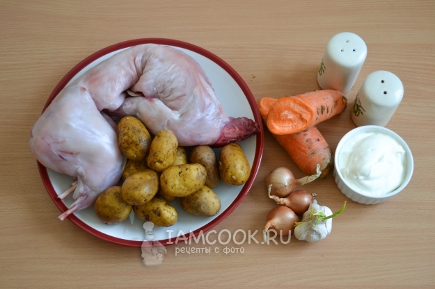 Zutaten für Kaninchen mit Kartoffeln in Mayonnaise im Ofen