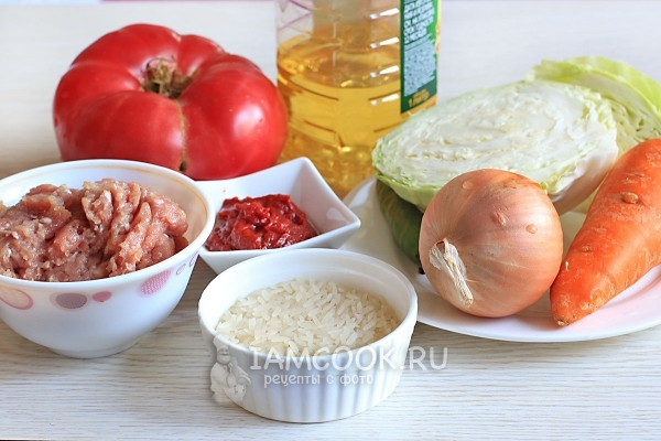Ingredients for lazy cabbage rolls with tomato sauce in the oven