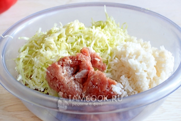 Combine cabbage with minced meat and rice