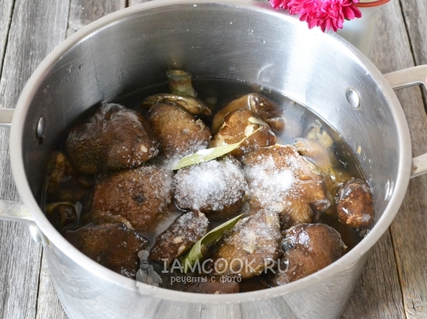 Put in the water mushrooms, salt and bay leaves