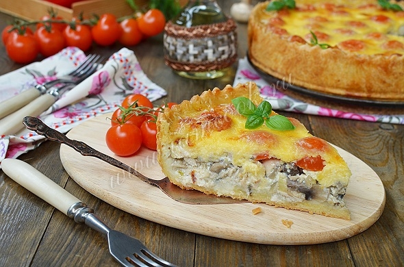 Recipe for an open pie with chicken and mushrooms