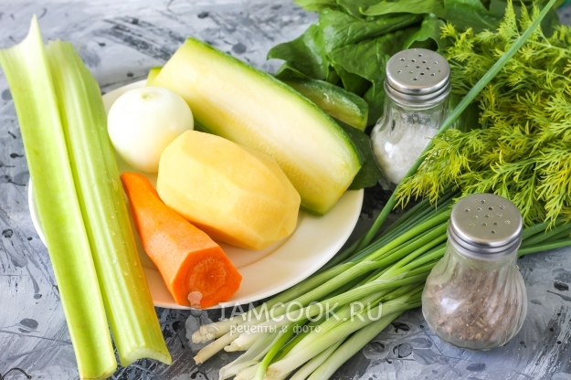 Složení zeleninové polévky s celerem a špenátem