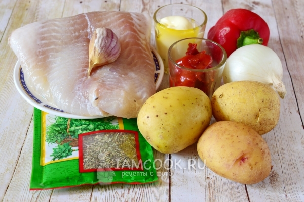 Ingredients for pangasius fillet in an oven with potatoes