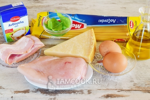 Ingredientes para pasta carbonara con pollo y crema