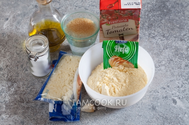 Ingredients for gluten-free pizza in a pan without flour