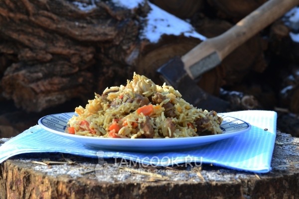 Photo of the pilaf in the cauldron at the stake