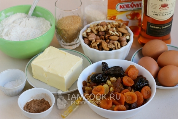 Ingredients for Christmas cake with dried fruits and nuts