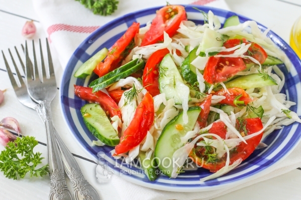 Fotografija salate od kupusa, krastavaca i rajčica