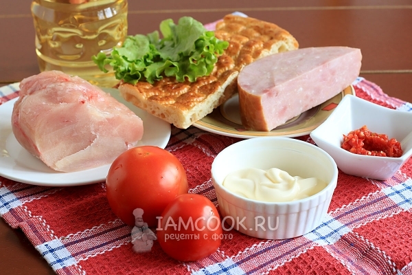 Ingredients for Carmen salad with chicken and ham