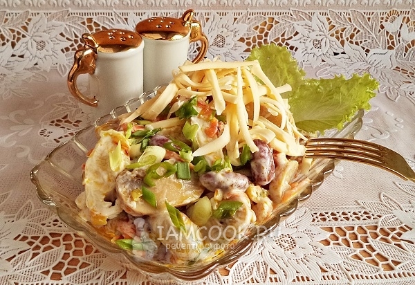Fotografija salate s grahom, gljivama i piletinom