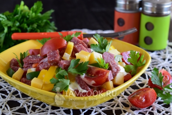 Salad recipe with smoked sausage and tomatoes