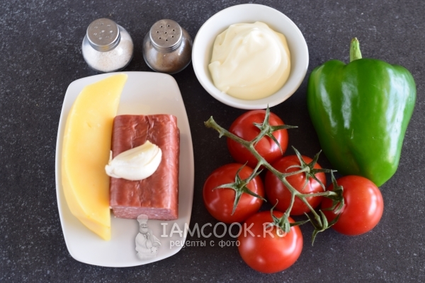 Ingredients for salad with smoked sausage and tomatoes