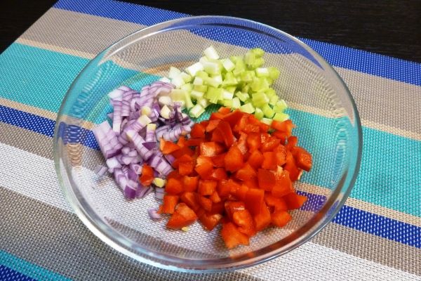 Cut the celery, pepper and onions