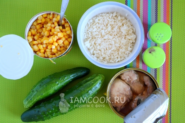 Ingredients for salad with cod liver and corn
