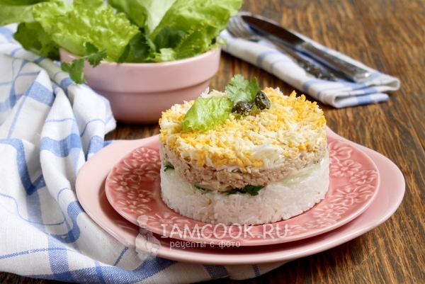 鳕鱼和米饭的肝脏沙拉的照片