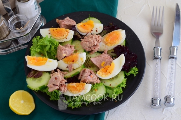 Salátový recept s konzervovaným tuňákem, okurkou a vejcem