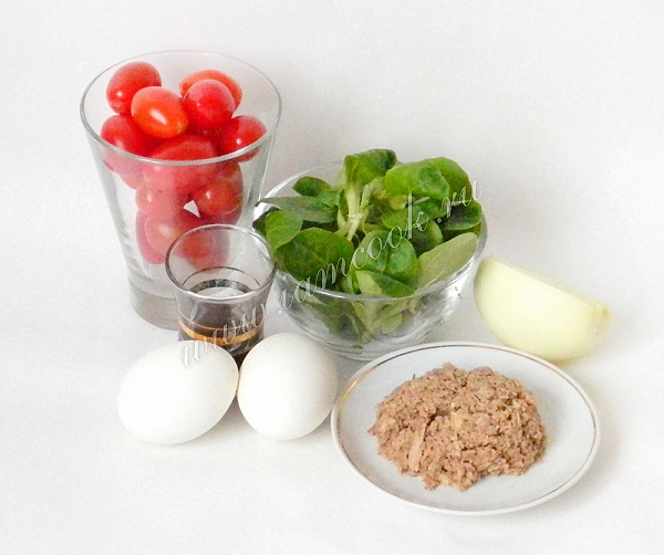 Bahan untuk salad dengan tuna, tomat, dan telur