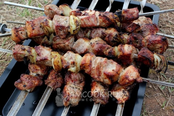 Foto de shish kebab de cerdo con cebolla en adobo armenio