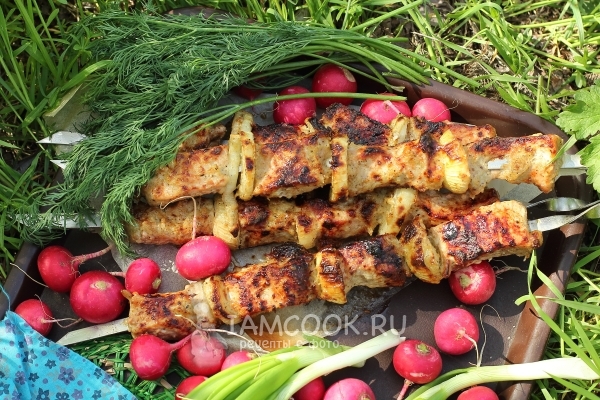 Foto de shish kebab de cerdo en adobo de mayonesa y cebolla