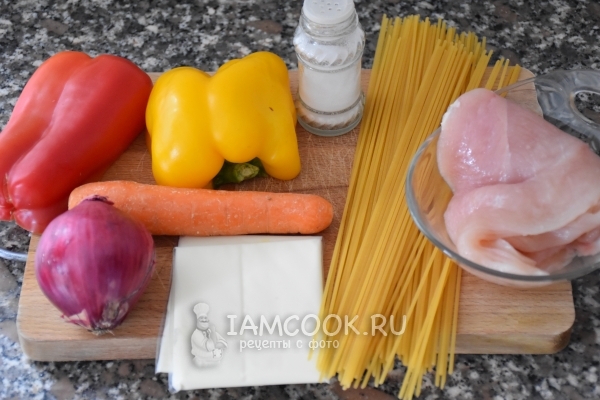 Ingredienser til ostesuppe med kylling og vermicelli