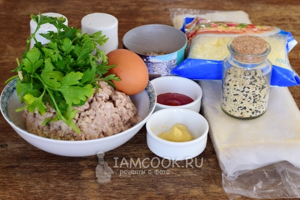 Ingredients for puff cake with minced meat and cheese