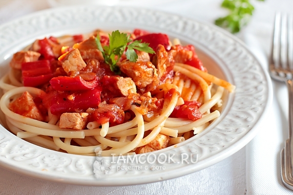 Fotografie špagety s kuřecím masem v rajčatové omáčce