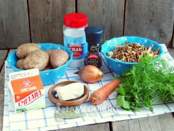 Ingredients for mushroom soup from dried mushrooms in a multivark