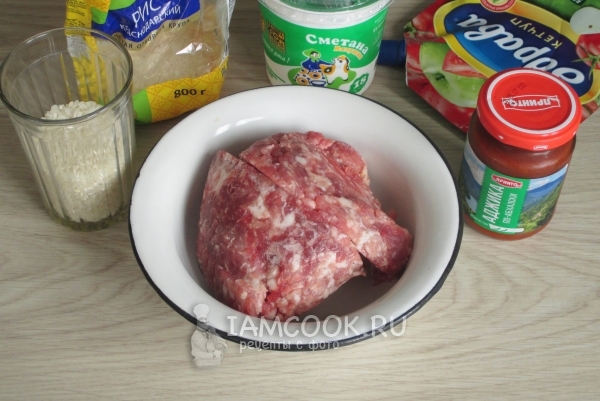 Ingredients for meatballs with rice and gravy in a multivariate