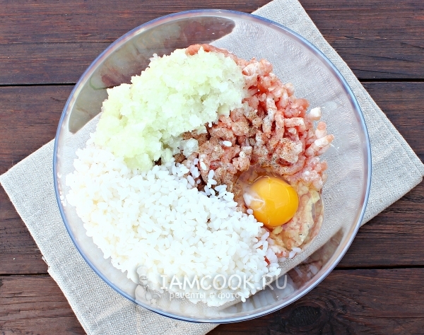 Hackfleisch, Zwiebel, Reis und Ei miteinander vermischen