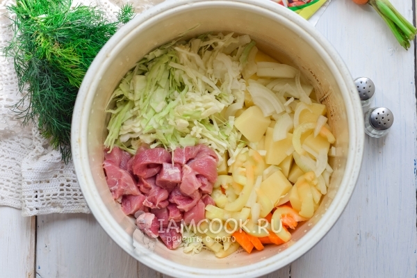 Βάλτε το κρέας και τα λαχανικά σε ένα πολυ-