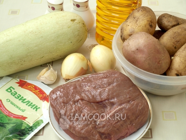 Ingredients for stewed potatoes with zucchini and meat