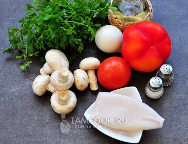 सब्जियों के साथ stewed squid के लिए सामग्री