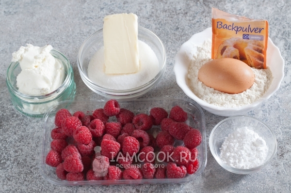 Ingredients for curd cake with raspberries