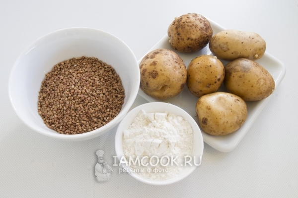 Ingredienti per cotolette vegetariane con grano saraceno e patate