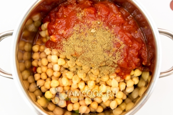 Add chickpeas, spices and tomatoes